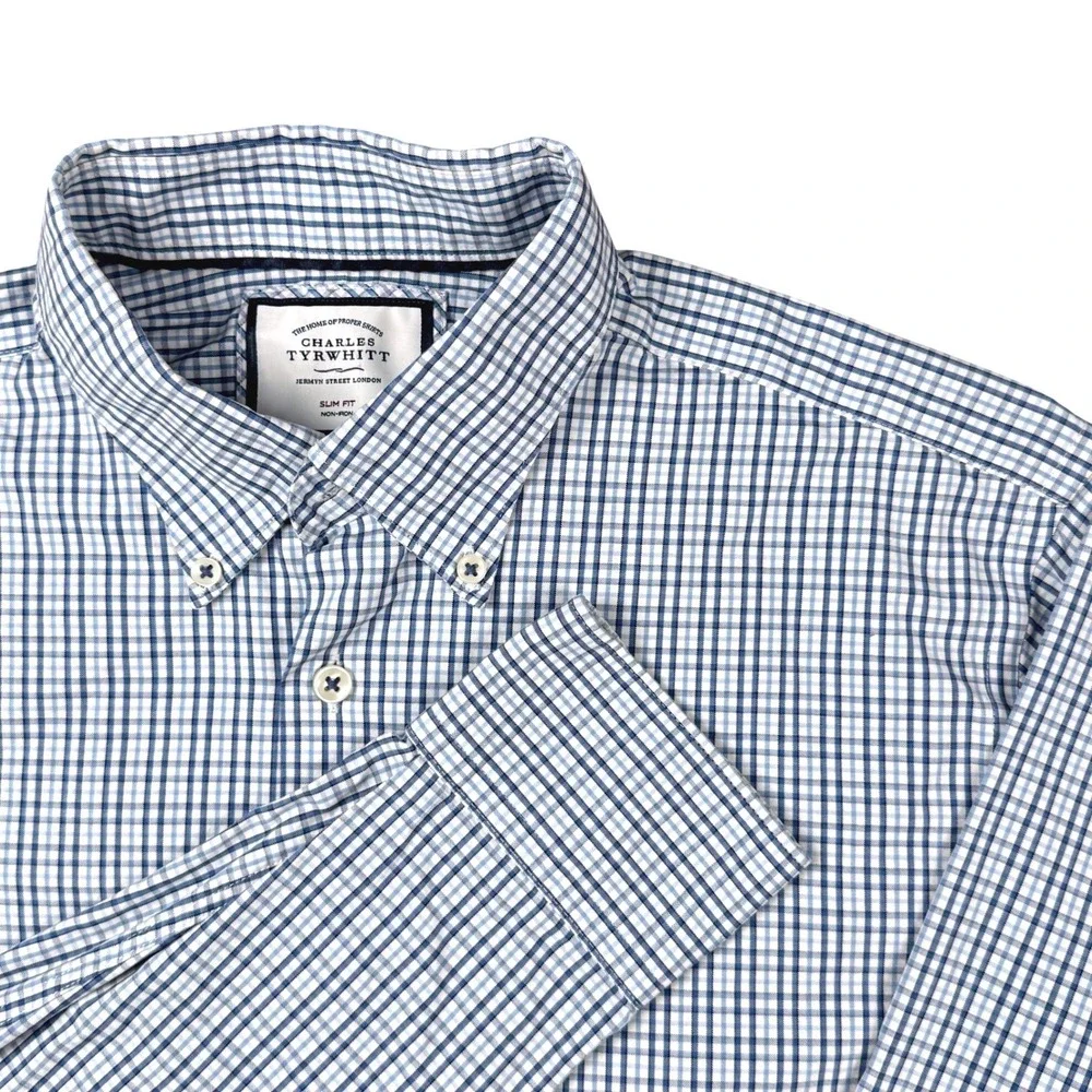 Charles Tyrwhitt Slim Fit Non-Iron Blue White Micro Check Mens 16.5 38 42 97
